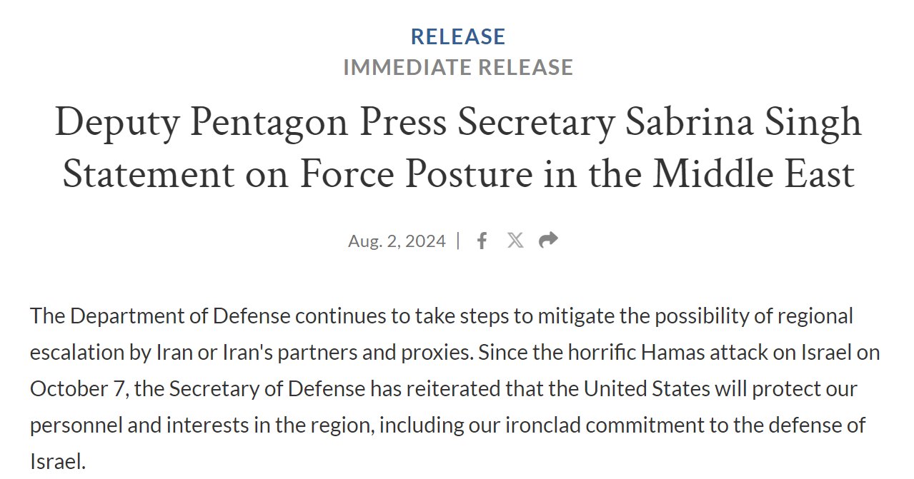 photo: Deputy Pentagon Press Secretary Sabrina Singh Statement on Force Posture in the Middle East